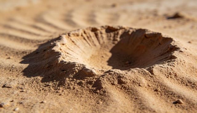 Sunlight casting scalloped sand crater on desert dune with rippled grains and pebbles