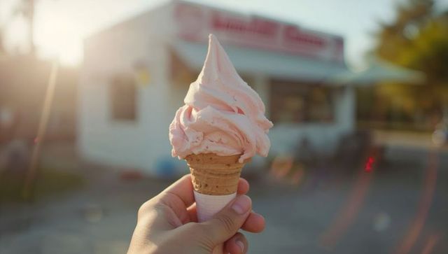 Hand Holding Pink Soft-Serve Ice Cream by Sunlit Park Kiosk