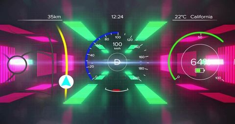 Futuristic neon hud dashboard showing holographic speedometer 64% battery and navigation telemetry