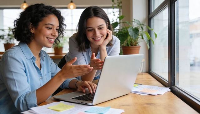 Two women collaborating over laptop in bright cafe workspace, planning and reviewing documents
