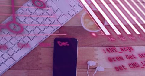 Minimalist workspace showing smartphone and keyboard with magenta data overlay