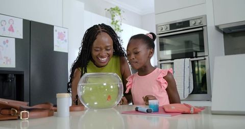 African american mother and daughter laughing and bonding while watching goldfish in modern kitchen