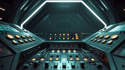 Futuristic control room with led lit console interface