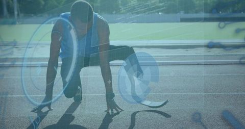 Disabled athlete preparing race track futuristic overlay
