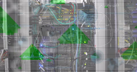 Digital Data and Mathematical Equations in Server Room Animation