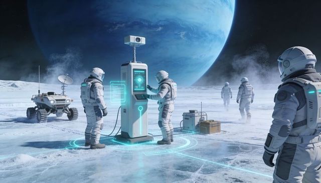 Astronauts Operating Holographic Terminal on Icy Moon Surface with Rover and Distant Planet