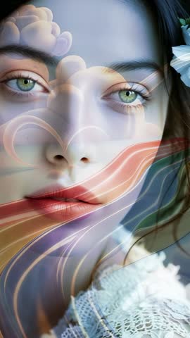 Vertical video showing dreamlike woman blending animated abstract overlays with lace flower