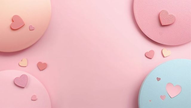 Floating pastel heart platforms and scattered heart tokens on soft pink backdrop