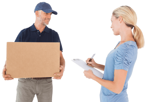 happy blonde signing for delivery with courier on transparent background - Download Free Stock Videos Pikwizard.com