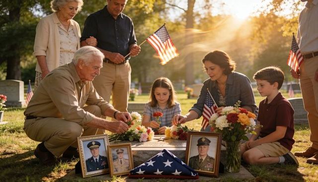 Multi-generational family honoring veteran at graveside with folded flag and portraits