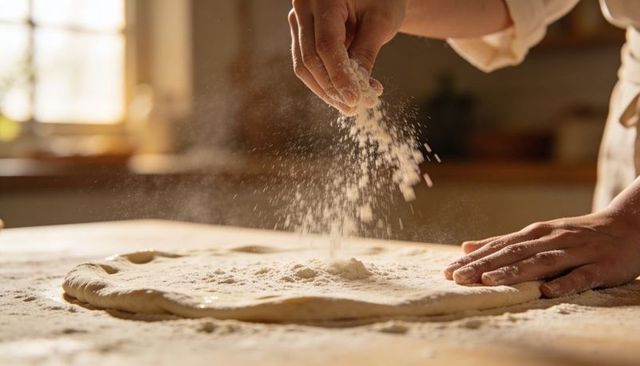 Sprinkling flour, shaping pizza dough on sunlit wooden countertop, baker kneading hands