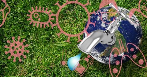 Eco-friendly concept with earth, water faucet, and microbe sketches