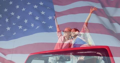 Happy Women Celebrating Diversity with American Flag Overlay