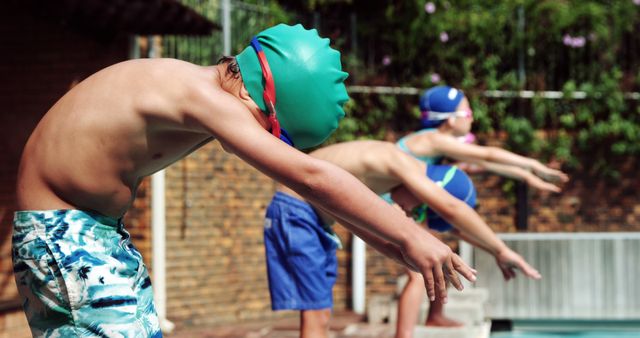 Children Preparing to Dive in Outdoor Pool - Download Free Stock Images Pikwizard.com