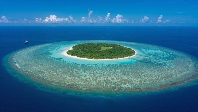 Aerial view showing circular atoll revealing turquoise lagoon, white sand and coral reef