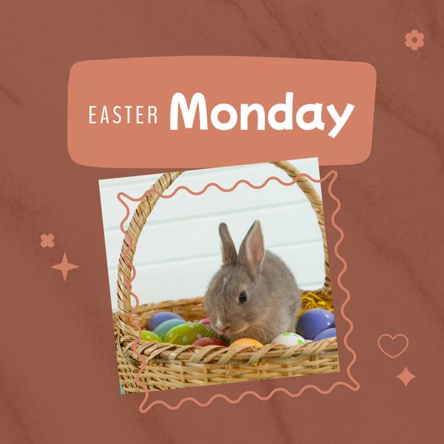 Composition of easter monday text over easter rabbit and eggs. Easter monday and celebration concept digitally generated image.