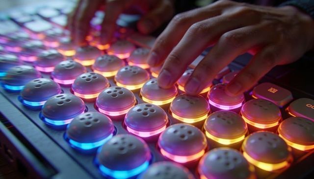 Close-up retro rgb mechanical keyboard with round keycaps, neon halo lighting, hands typing