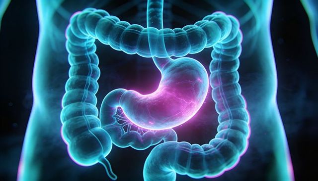 Neon 3d stomach and intestine illustration showing glowing translucent digestive tract