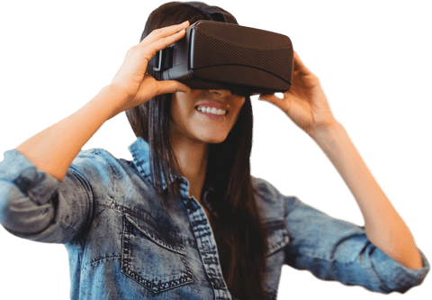 Woman Using VR Glasses on Transparent Background Wearing Denim Shirt