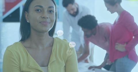 Diverse Business Team with Social Media Icons Overlay in Modern Office