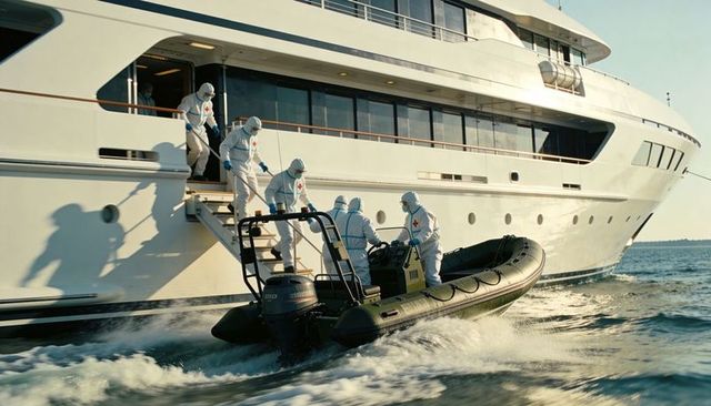 Medical rescue team boarding luxury yacht from rigid inflatable boat in protective suits