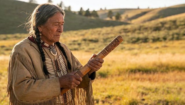 Indigenous elder holding carved flute wearing buckskin jacket studying flute in golden field