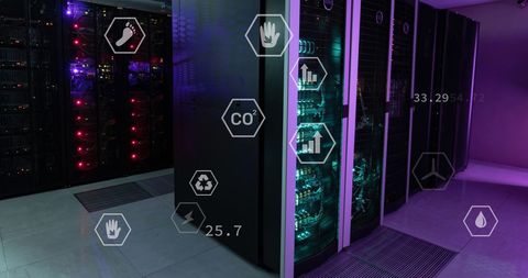 Futuristic data center with energy metrics overlay