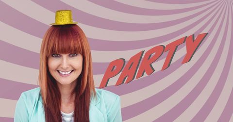 Joyful woman with party hat and 'party' text art