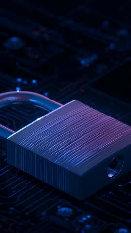 Vertical video illuminating padlock on circuit board, representing cybersecurity and privacy