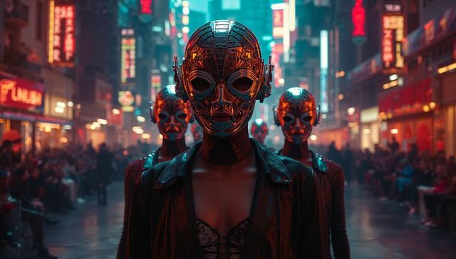 Trio in cyberpunk gear on neon-lit street at night