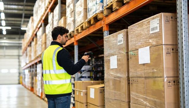 Warehouse worker scanning pallet labels in distribution center aisle with barcode scanner