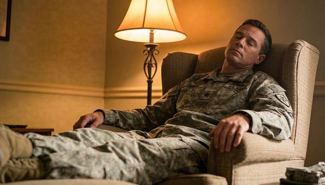 Reclining u.s. Army soldier resting in hotel armchair under warm lamp light