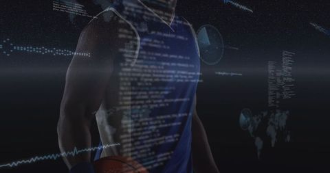 Basketball Athlete Holding Ball Wearing Blue Jersey with Futuristic Performance Analytics HUD