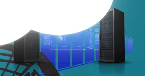 Abstract Data Processing and Servers on Blue Background
