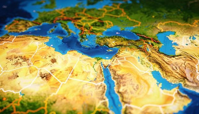Glossy 3d relief map displaying mediterranean, nile river and middle east borders