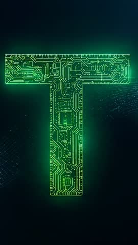 Neon Green Circuit Letter T Glowing in Digital Void with Drifting Particles Vertical Tech
