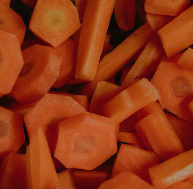 Close up of multiple chopped carrot pieces on black background. Food preparation, health and raw ingredients.