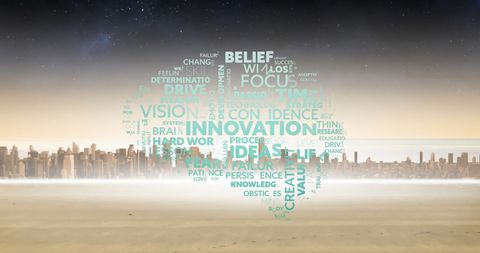 Inspirational word cloud over futuristic city skyline