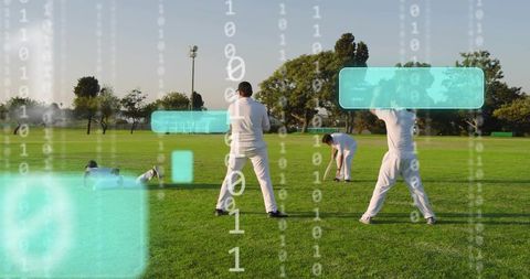 Cricket players practicing on park pitch with augmented reality hud and data overlay