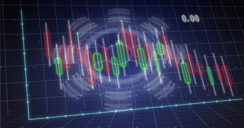 Neon 3D Candlestick Chart Visualizing Cryptocurrency Trading on Futuristic HUD Interface