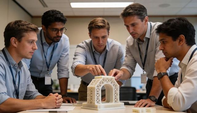 Engineers examining 3D-printed architectural prototype during collaborative design review