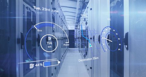 Futuristic car interface overlay on server room