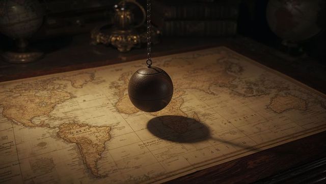Hanging wooden pendulum casting shadow on aged world map in vintage study