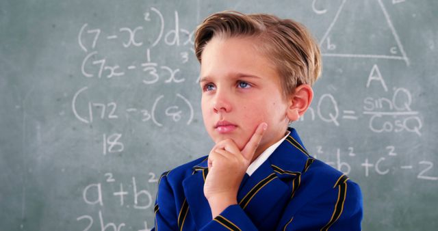 A young Caucasian boy in a school uniform appears thoughtful in front of a blackboard filled with mathematical equations, with copy space. His pensive expression suggests he is deeply engaged in solving a complex math problem.