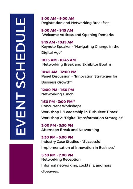 This corporate event schedule outlines a full day of activities, including registration, keynote, workshops, panels, and networking opportunities. It is ideal for businesses and organizations planning conferences, seminars, or professional development events to convey organized and insightful agendas for attendees.