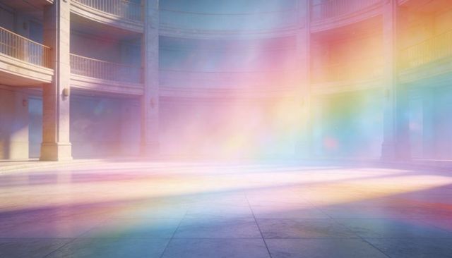 Museum rotunda glowing with pastel light, circular atrium with marble columns and balconies