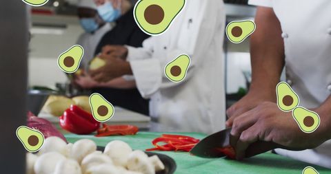 Diverse Chefs Preparing Fresh Ingredients with Avocado Overlay