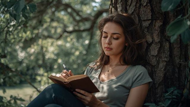 Young woman writing in leather notebook under tree, relaxing and reflecting in sunlit woods