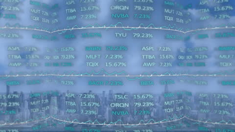 Animated Stock Market Data Overlaying Cityscape