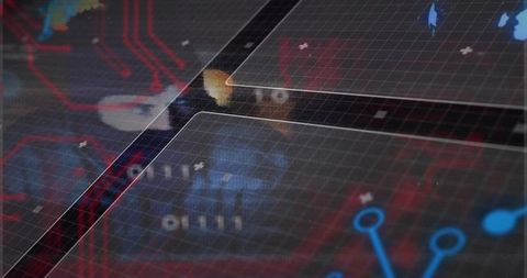 Holographic circuitry interface displaying layered glass grid, binary data, neon nodes